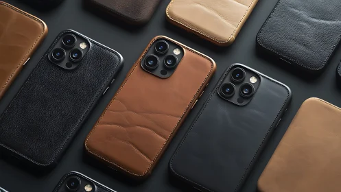 Leather smartphone cases are arranged in a controlled layout