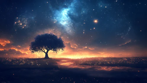 Lone tree under astral sky in luminous landscape composition.