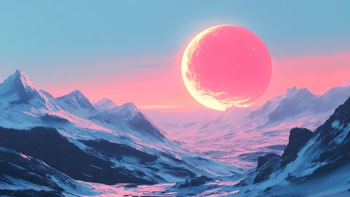 Neon crimson moon rises over icy pastel alien mountains.