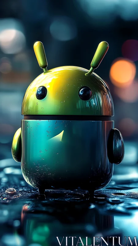 Rain-kissed robo-mascot gleams under neon city drizzle