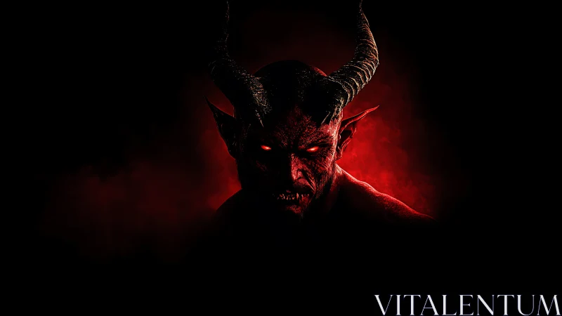 Demonic horned creature portrait in red backlit volumetric haze