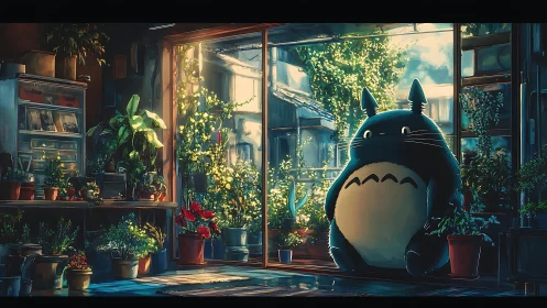 Totoro sits in a sunlit plant filled room by glass doors