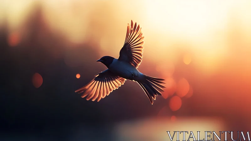 Graceful bird in flight against glowing sunset, soft bokeh style.
