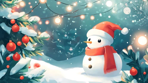 Snowman in red scarf under winter holiday lights.