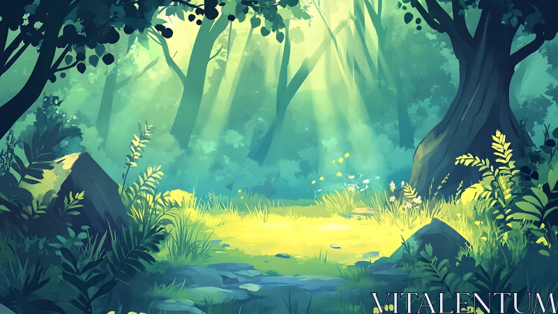 Rendered forest clearing with trees, undergrowth, and directional light