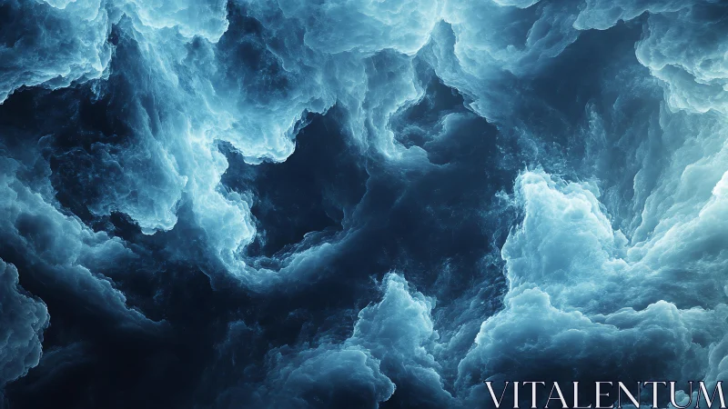 Dramatic swirling blue clouds in atmospheric digital art style.