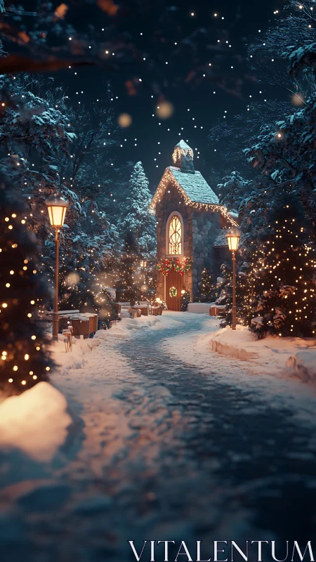 Snowy Christmas lane leads to a warmly lit festive chapel.