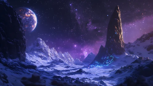Starlit alien spire hums over frostbitten crystalline valley
