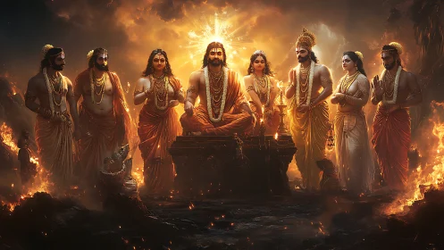 Mythic deities in symmetrical fiery tableau rendered digitally