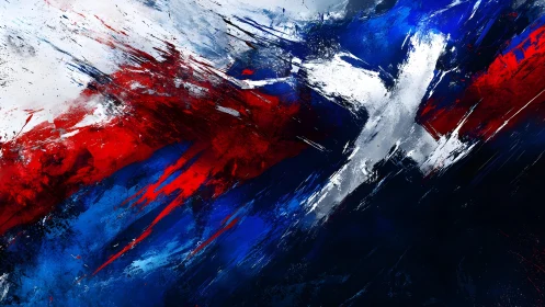 Abstract Expressionist Painting with Bold Red, Blue, and White Strokes.