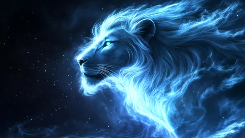Glowing cosmic lion profile in swirling blue nebula.