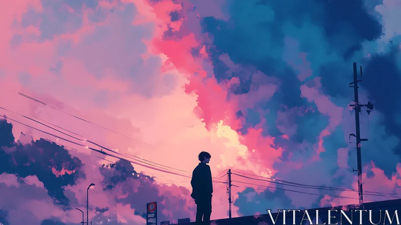 Silhouetted teen under neon dusk sky above city wires.