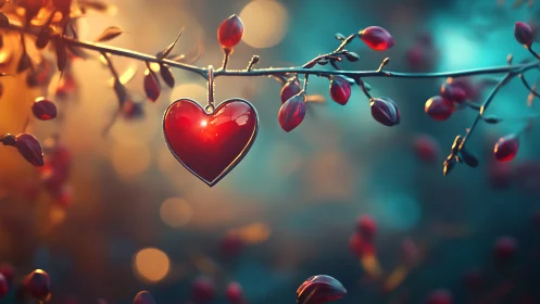 Heart-shaped pendant suspended among botanical elements.