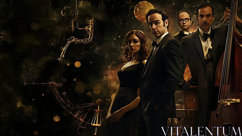 Elegant jazz ensemble posed in glowing golden atmosphere.