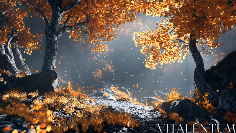 Digital painting of luminous autumn forest path composition.