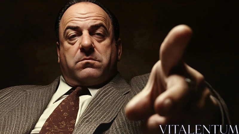 Commanding mob boss portrait with accusatory gesture.