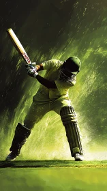 Dynamic cricket batsman in vivid green energy burst.