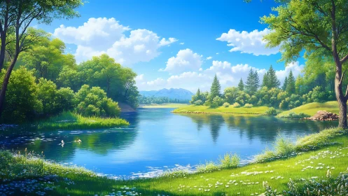 Sunlit river bend cradled by whispering green meadows.