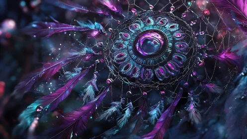 Nebula-feathered dreamcatcher in swirling cosmic twilight.