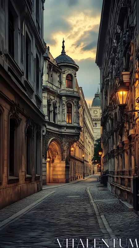 Historic European alley at dusk with ornate facades.