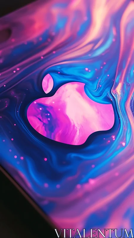 Colorful liquid wallpaper surrounds stylized fruit-shaped void