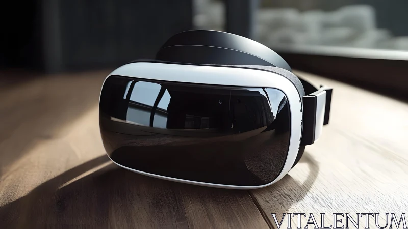 Sleek Virtual Reality Headset on Wooden Surface, Modern Lighting.