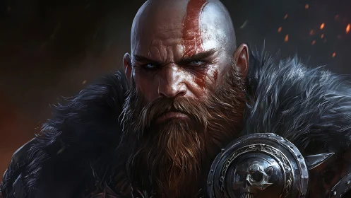 Bald bearded warrior stares forward with blood streaked face