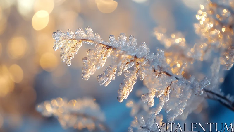 Frozen branch displays ice-crusted leaves in shallow focus
