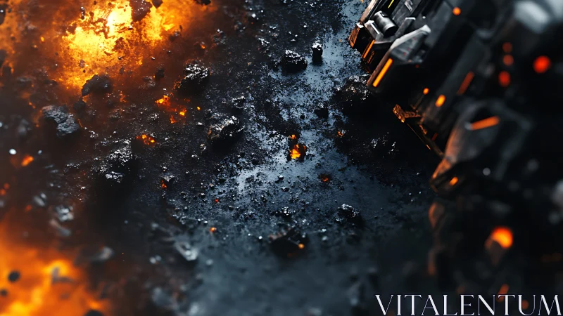 Molten debris field beside futuristic armored structure.