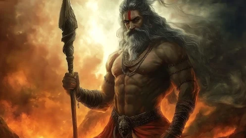 Storm-lit warrior sage stands strong in swirling firelight