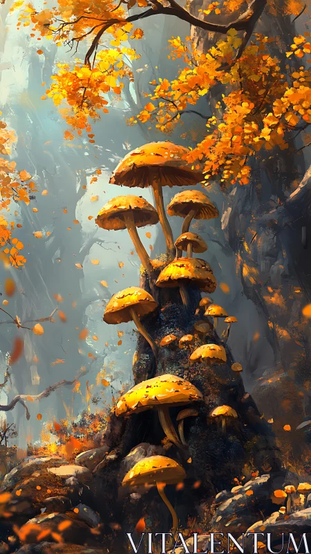 Golden mushrooms rise in a misty, enchanted autumn forest