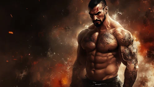 Muscular tattooed fighter rendered with dramatic chiaroscuro lighting