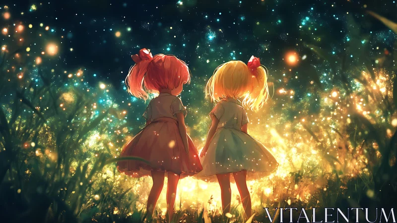 Two girls stand in glowing grass under dense starry sky