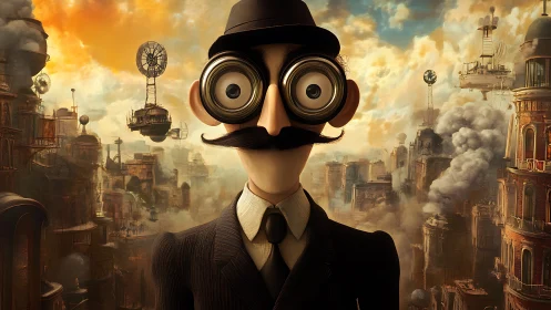 Curious steampunk gentleman gazes across a dreamlike cityscape