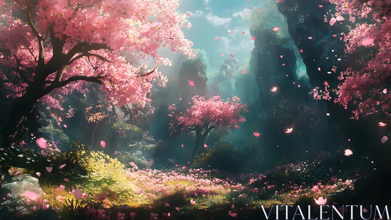 Enchanted valley with pink cherry blossoms in bloom.
