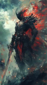 Armored figure with flaming mantle in atmospheric field.