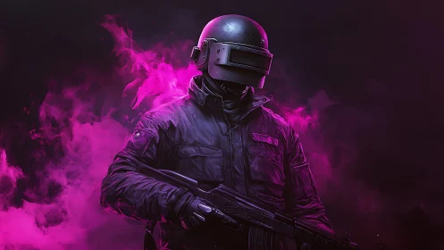 Neon storm soldier stands guard inside electric magenta haze