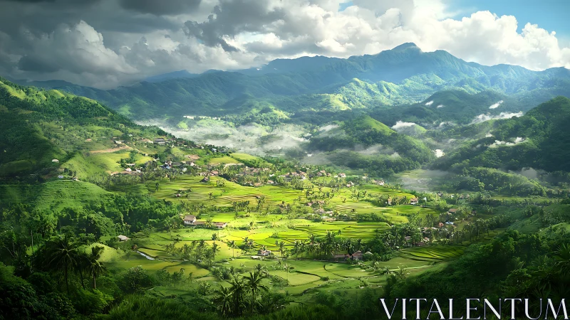 Sunlit terraced rice valley with scattered rural village houses