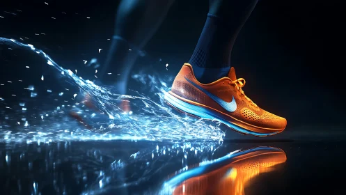 Dynamic orange running shoe slices through kinetic water light