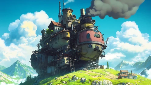 Large mechanical walking house in alpine valley landscape.