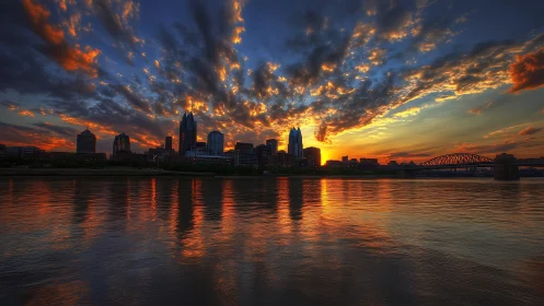 Fiery riverfront sunset silhouettes modern city skyline