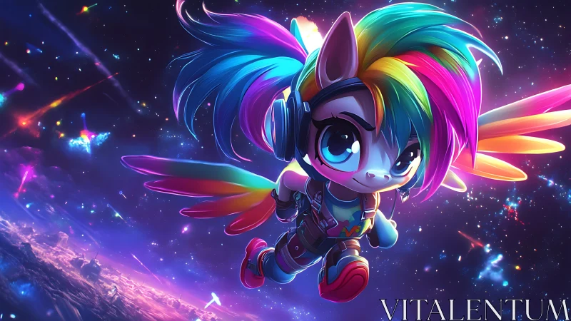 Rainbow-maned space pony soars confidently through neon stars