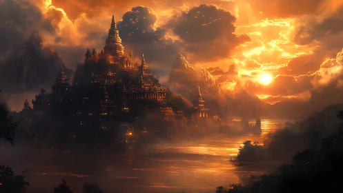 Riverside temple city under dense clouds at sunset light.