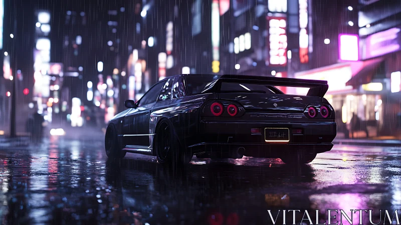 Midnight street racer resting under neon city rainfall.
