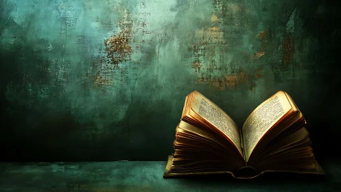 Antique book glows under moody teal textured backdrop.