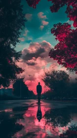 Silhouette walks through neon dusk beneath mirrored sky glow.