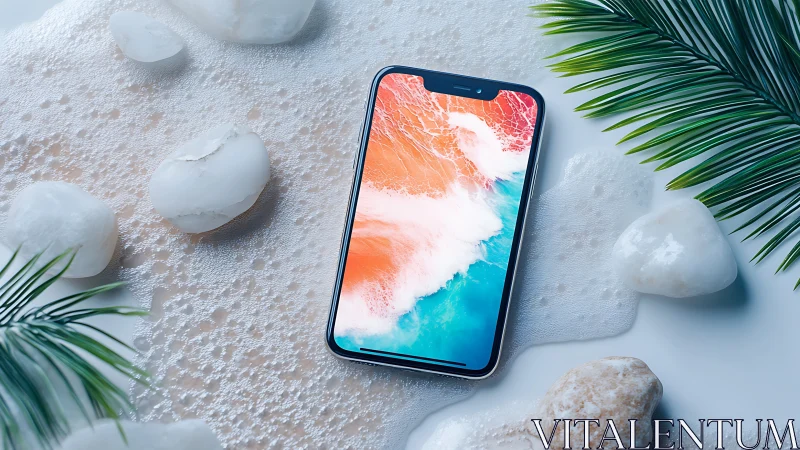 Smartphone rests on foamy sand beside white stones, palms.