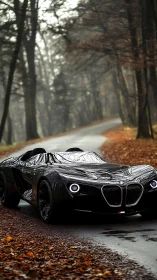 BMW roadster concept cuts through misty forest curve.