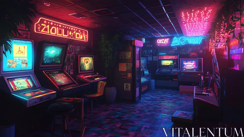 Retro neon arcade glows with nostalgic gaming ambience.