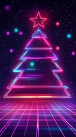 Neon cyberpunk Christmas tree over glowing grid horizon.